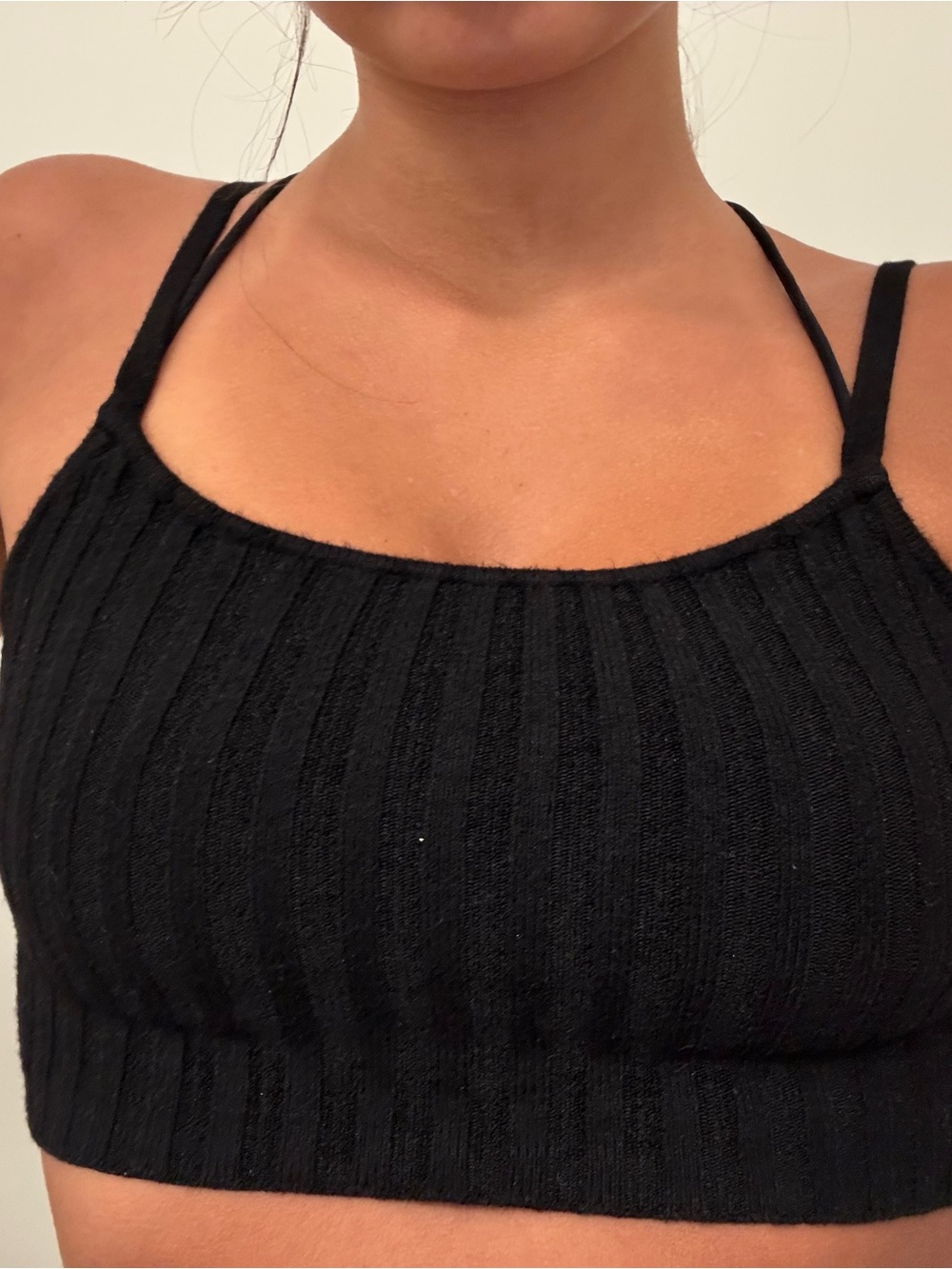 Ribbed Knit Black Crop Top with Thin Straps
